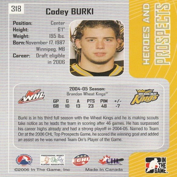 Codey Burki - 2006 ITG Heroes & Prospects Hockey Card - Picture 2 of 2